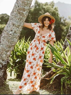 Alohiwai Floral tie front Soul Flower Maxi Dress in White & Orange